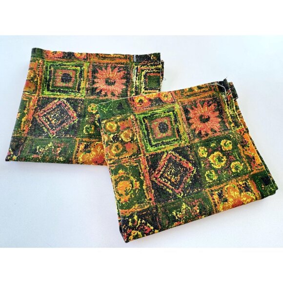 Vintage 70s curtains, green, brown, orange, yellow faux patchwork, pair - Picture 10 of 10